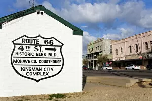 Historic Route 66 sign on Railway shed, Kingman City, Arizona, United States of America