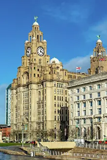 Vacation Spot Prints: Historic Royal Liver Building with clock tower under blue sky with clouds