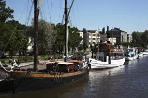 Historic ships moored on riverside, Porvoo, Porvoonjoki River, Uusimaa