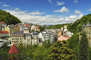 Traditionally Czech Prints: Historic spa section of Karlovy Vary, Bohemia, Czech Republic, Europe