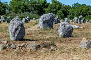 Stones Prints: Historic stone formations in a grassy field under blue sky in France showcasing ancient structures