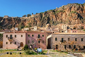 Laconia Prints: Historic stone houses in Chryssafitissa square, Monemvasia, Laconia, Greece