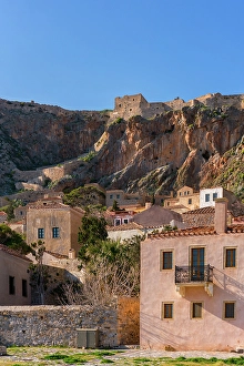 Facades Prints: Historic stone houses in Chryssafitissa square, Monemvasia, Laconia, Greece