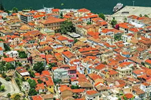 Nafplion Prints: Historic town panoramic view, with traditional low-rise red tile roof buildings