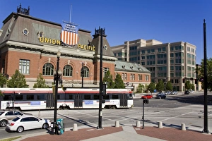 Historic Union Station and Light Rail Train, Salt Lake City, Utah, United States of America Historic Union Station and Light Rail Train, Salt Lake City, Utah, United States of America