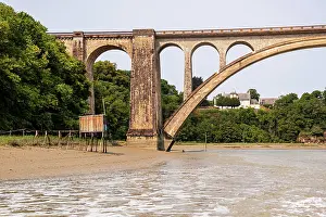 Pedestrian Prints: Historic Viaduc de Lessard bridge spans the River Rance near Dinan in Brittany, France