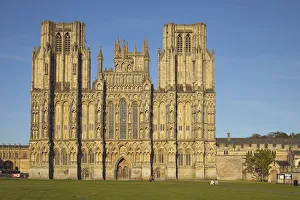 Places Of Worship Prints: The historic western facade of Wells Cathedral, with its twin square towers, in Wells