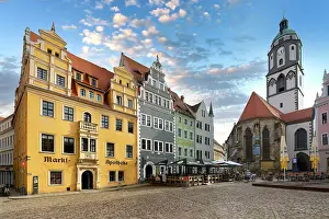 Outdoor Dining Prints: Historical Marktapotheke pharmacy and Late gothic Church of our Lady