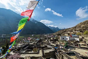 Historical village of Marpha and prayer flags, Jomsom, Himalayas, Nepal, Asia