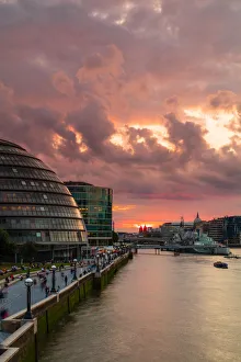 Footpath Prints: HMS Belfast and More London Place at sunset, London, England, United Kingdom, Europe