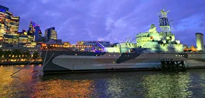 Docked Prints: HMS Belfast and London skyline at dusk, London, England, United Kingdom, Europe
