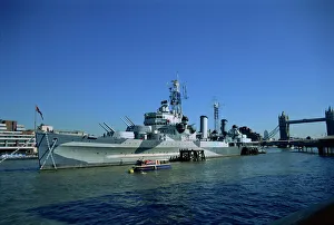 River Thames Gallery: HMS Belfast moored near Tower Bridge on the Thames, London, England, United Kingdom