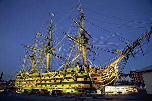 Ship Collection: HMS Victory at night, Portsmouth Dockyard, Portsmouth, Hampshire, England