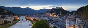 Alt Stadt Prints: Hohensalzburg Fortress and Alt Stadt illuminated at dusk