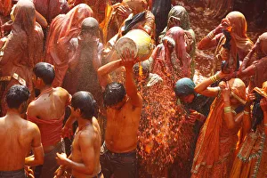 Orange Colour Prints: Holi celebration in Dauji temple, Dauji, Uttar Pradesh, India, Asia