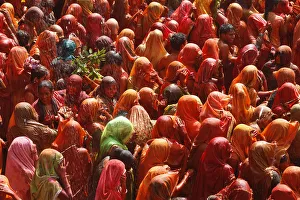 Orange Colour Prints: Holi celebration in Dauji temple, Dauji, Uttar Pradesh, India, Asia