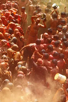 Orange Colour Prints: Holi celebration in Dauji temple, Dauji, Uttar Pradesh, India, Asia