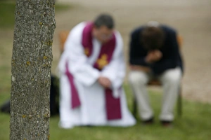Two Men Prints: Holy confession, Ars-sur-Formans, Ain, France, Europe