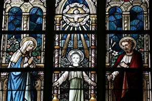 West Flanders Prints: The Holy Family depicted in a stained glass window
