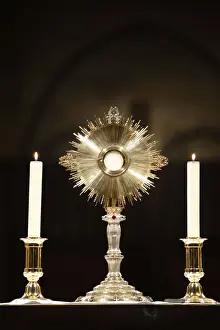 Altars Prints: Holy sacrament and altar candles in Notre Dame de Paris cathedral, Paris, France, Europe