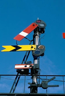 Safety Prints: Home and Distant signals (GWR) on gantry, Newton Abbot, Devon, England