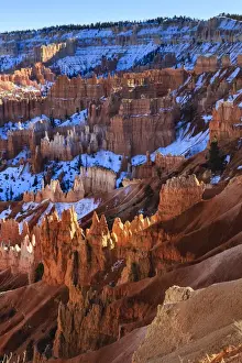 Hoodoos Prints: Hoodoos and snowy rim cliffs lit by strong late afternoon sun in winter