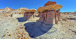 Three hoodoos in a triangular formation in Devils Playground called the Unholy Trinity, Petrified Forest National Park, Arizona, United States of America, North America