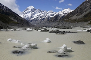 Canterbury Prints: Hooker Lake and Glacier with icebergs and Mount Cook