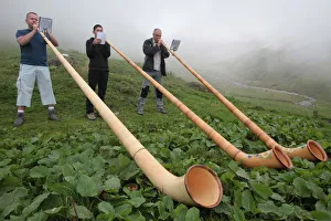 Traditionally French Prints: Horn blowers in the French Alps, Doran, Haute-Savoie, France, Europe