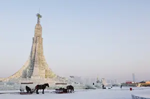 Five People Prints: A horse and carriage and ice sculptures at the Ice Lantern Festival, Harbin