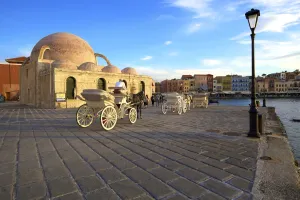 Carriage Prints: Horse and Carriage Infront Of The Mosque of the Janissaries, Venetian Harbour, Chania