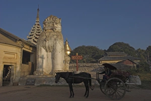Guardian Prints: Horse and cart beside lion statue at the entrance to the Shwezigon Paya