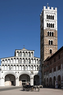 Horse drawn carriage crossing the Piazza San Martino, Lucca, Tuscany, Italy, Europe Horse drawn carriage crossing the Piazza San Martino, Lucca, Tuscany, Italy, Europe