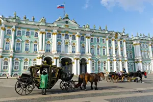 Carriage Prints: Horse drawn carriages in front of the Winter Palace (State Hermitage Museum)
