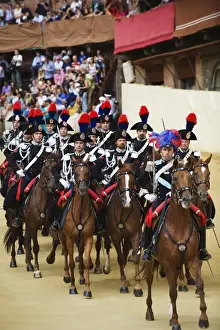 Siena Prints: Horses and guards parading at El Palio horse race festival, Piazza del Campo