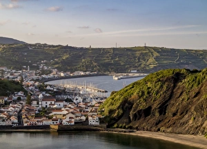 Horta seen from Monte da Guia, elevated view, Faial Island, Azores, Portugal, Atlantic