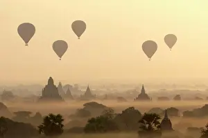 Bagan Prints: Hot air ballons fly over ancient temples at dawn in Bagan (Pagan), Myanmar (Burma), Asia