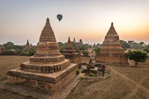 Bagan Prints: Hot air balloon over Bagan at sunrise, Bagan (Pagan), Myanmar (Burma), Asia