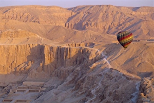 Hatshepsut Prints: Hot air balloon floating over the Temple of Hatshepsut, Valley of the Kings