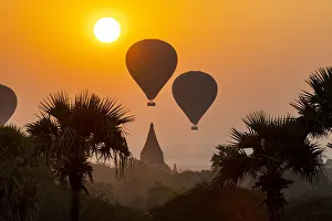 Bagan Prints: Hot air balloons over Bagan at sunrise, Bagan (Pagan), Myanmar (Burma), Asia