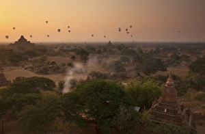 Bagan Prints: Hot air balloons at sunrise above Bagan (Pagan), Myanmar (Burma), Asia