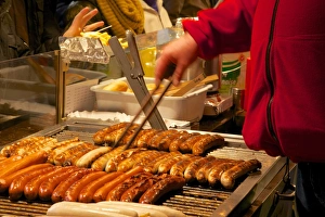Food Stall Prints: Hot dog stall, Christmas Market, Munster, North Rhine-Westphalia, Germany, Europe