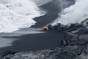 Volcanoe Prints: Hot lava flowing onto beach and into the ocean