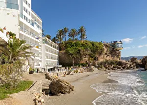 Terrace Prints: Hotel Balcon de Europa, Playa el Salon sandy beach, Nerja, Andalusia, Spain, Europe