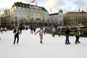 Kongens Nytorv Prints: Hotel d Angleterre and skating rink, Kongens Nytorv at Christmas, Copenhagen