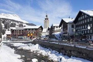 Images Dated 13th February 2010: Hotel Krone, river and village church, Lech near St. Anton am Arlberg in winter snow