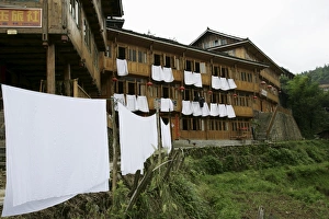 Guangxi Prints: Hotel, Longsheng terraced ricefields, Guangxi Province, China, Asia