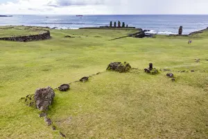 Typically American Prints: House foundation and six moai in the Tahai Archaeological Zone on Easter Island (Isla de Pascua) (Rapa Nui)