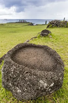 Moai Prints: House foundation and seven moai in the Tahai Archaeological Zone on Easter Island (Isla de Pascua) (Rapa Nui)