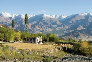 Indus Prints: House of the Indus River valley seen from the village of Stok
